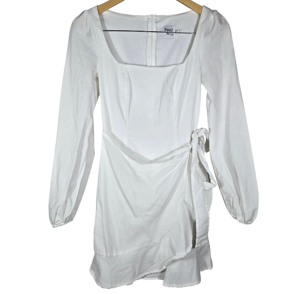 Princess Polly White The Villa Long Sleeve Mini Dress Square Neck‎ Wrap US 0